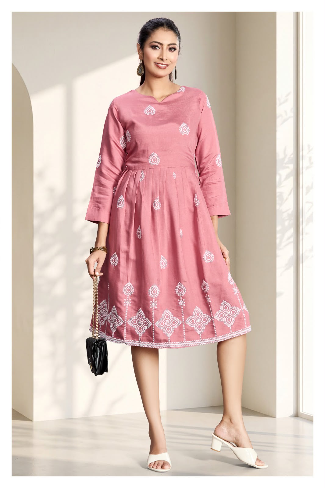 Dusty Pink Printed Flared Midi Dress