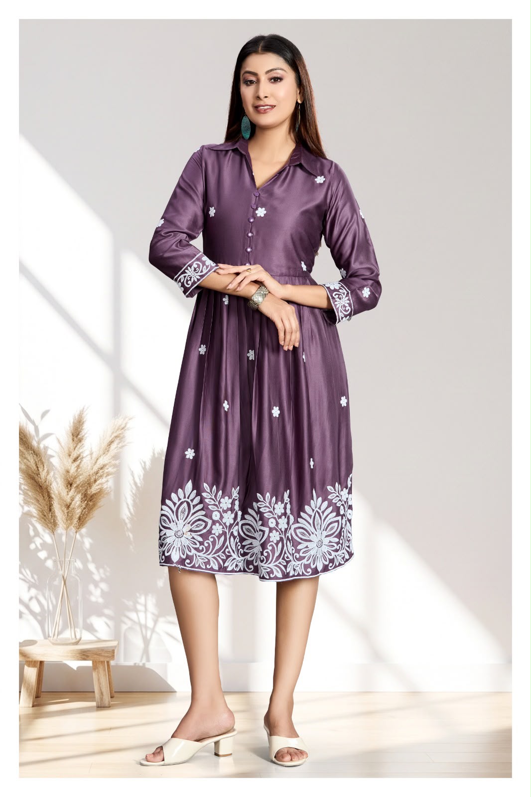 Plum Embroidered Button-Front Midi Dress