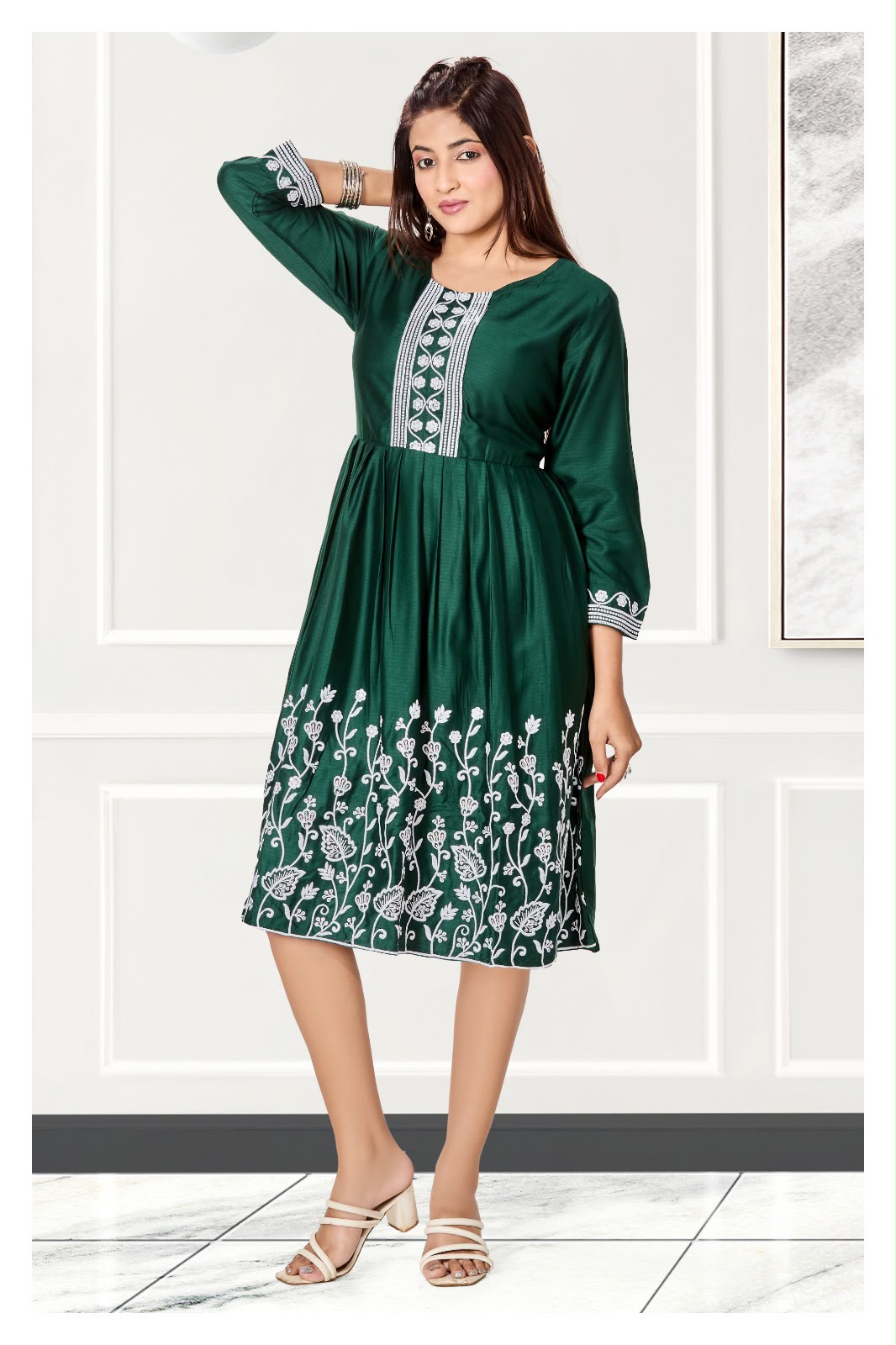 Forest Green Floral Embroidered Midi Dress