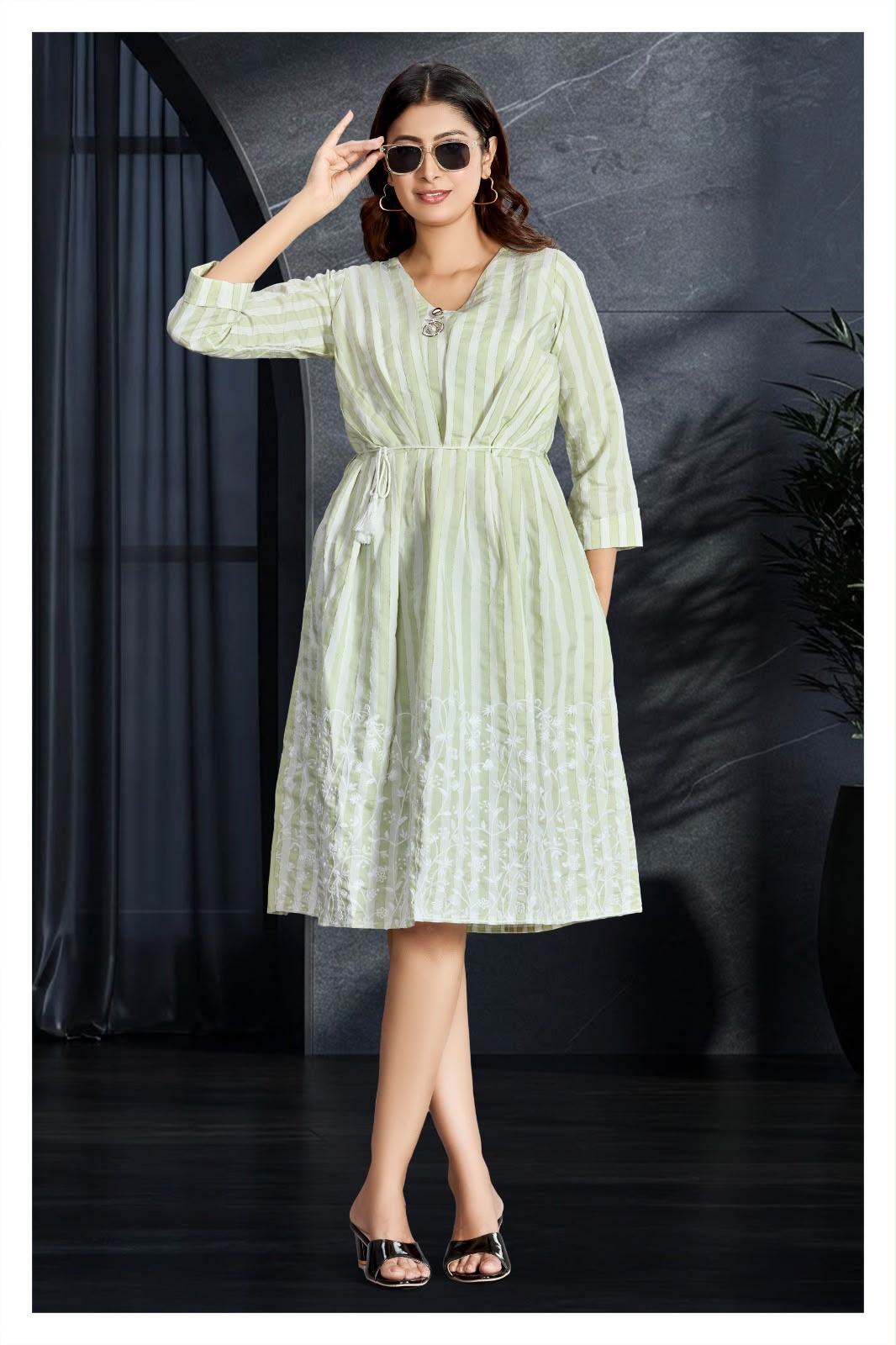 Sage Green Striped Embroidered Midi Dress