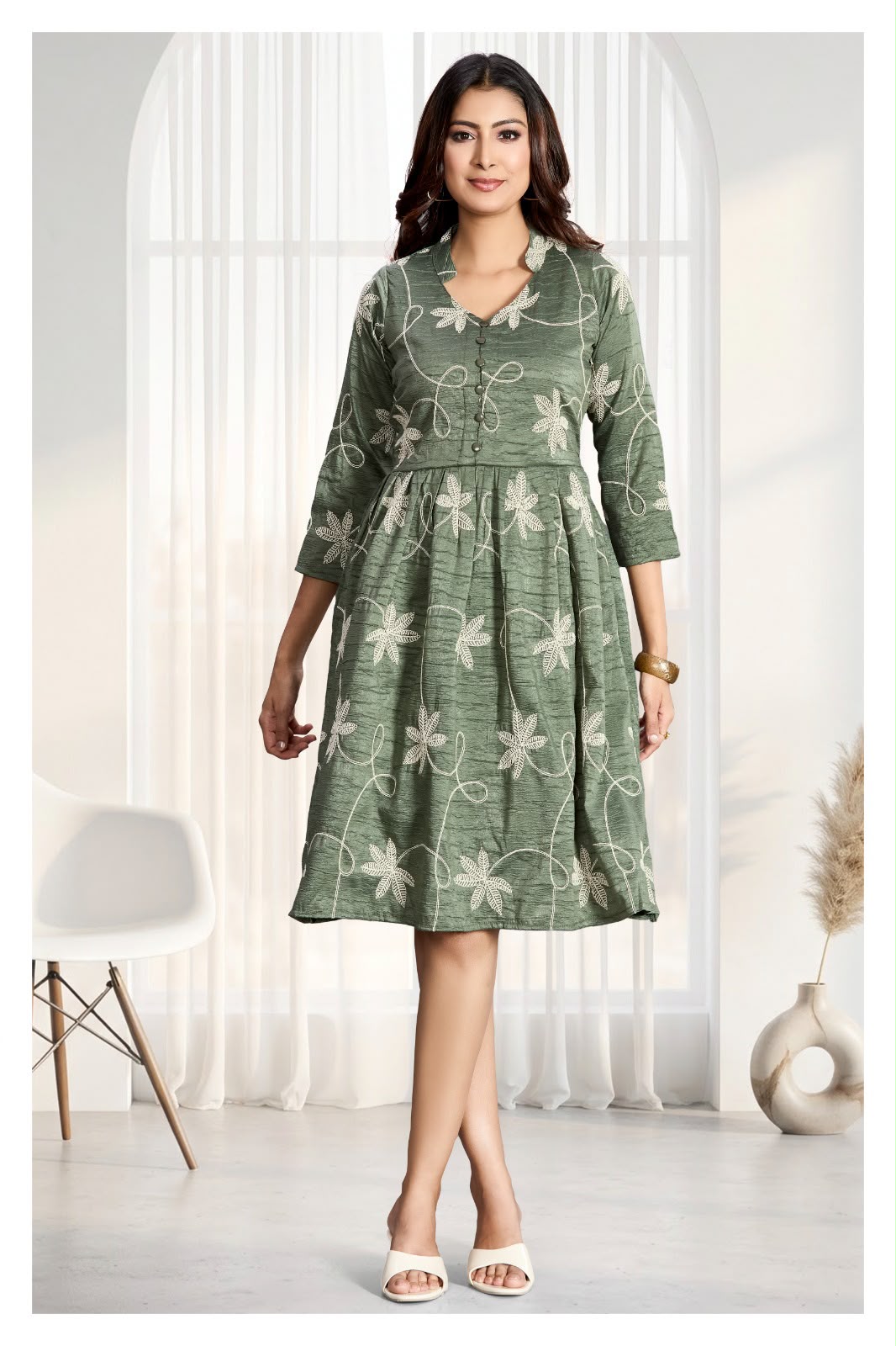 Olive Green Floral Embroidered Midi Dress