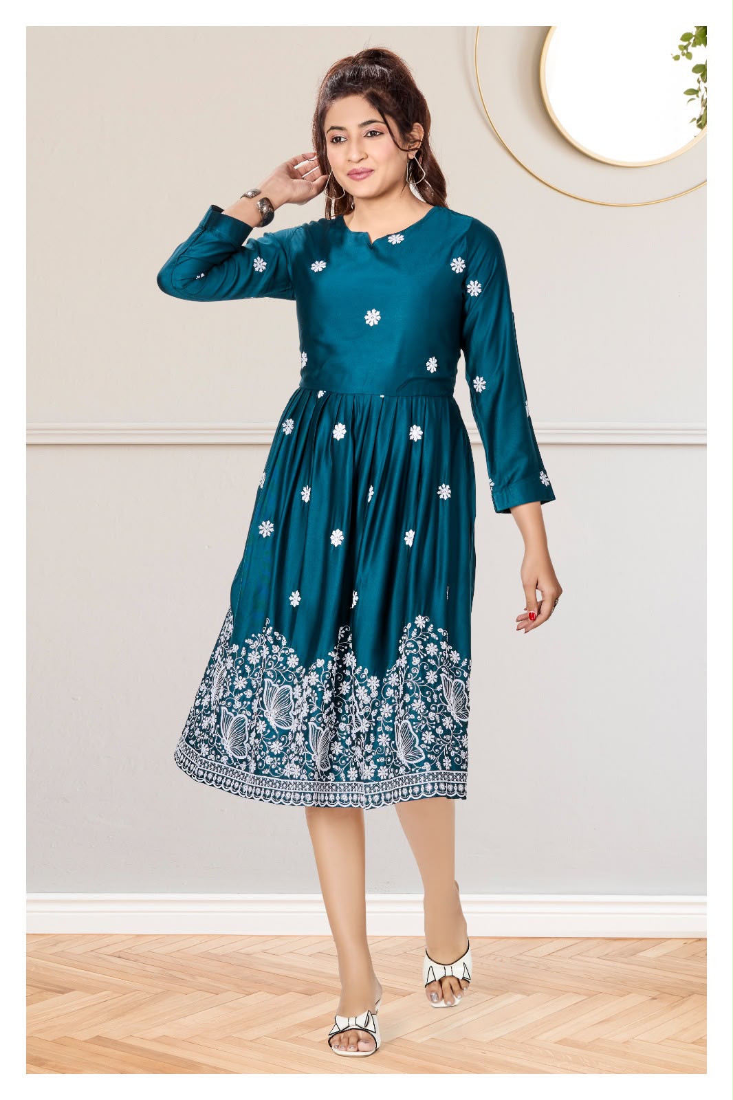 Teal Blue Floral Embroidered Midi Dress