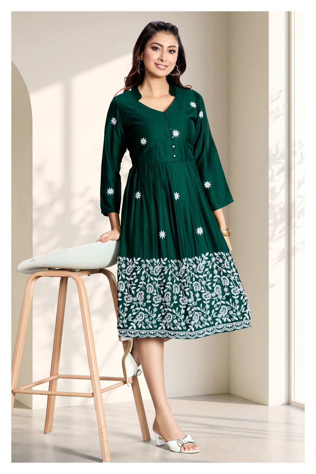 Emerald Green Embroidered Flared Dress