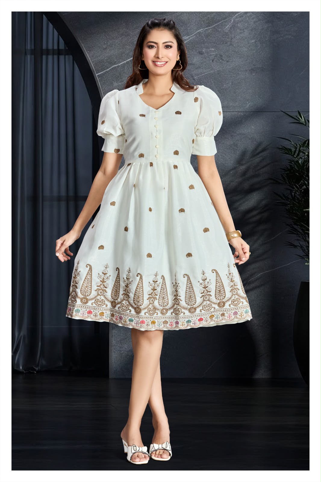 Ivory Paisley Embroidered Fit &amp; Flare Dress