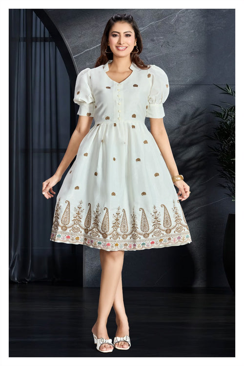 Ivory Paisley Embroidered Fit & Flare Dress